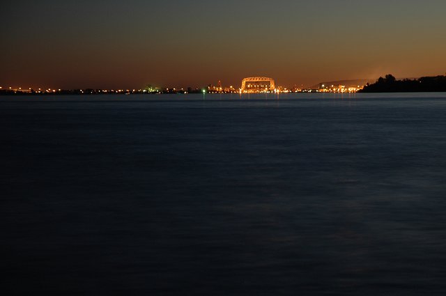 View of Canal Park and the Aerial Lift Bridge at Night, Duluth, Minnesota