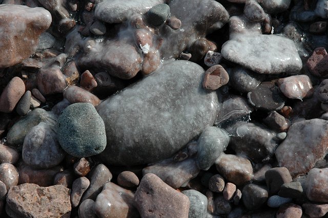 Ice coverd rocks on Glensheen shoreline of Lake Superior