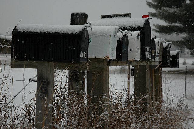 Snow on mailboxes, Brainerd, Minnesota, day after Thanksgiving